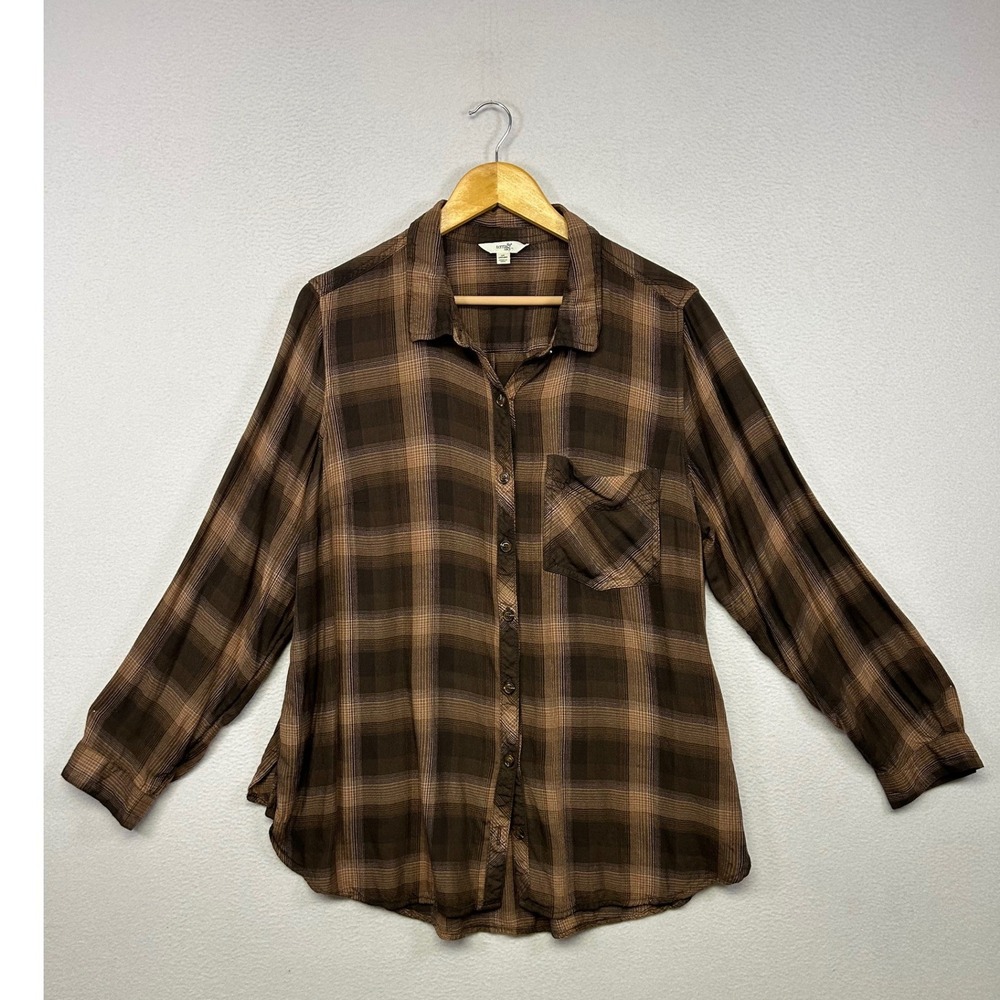 Grunge Earth Tones Terra & Sky Womens 1X Brown Plaid Long Sleeve Button Down Top